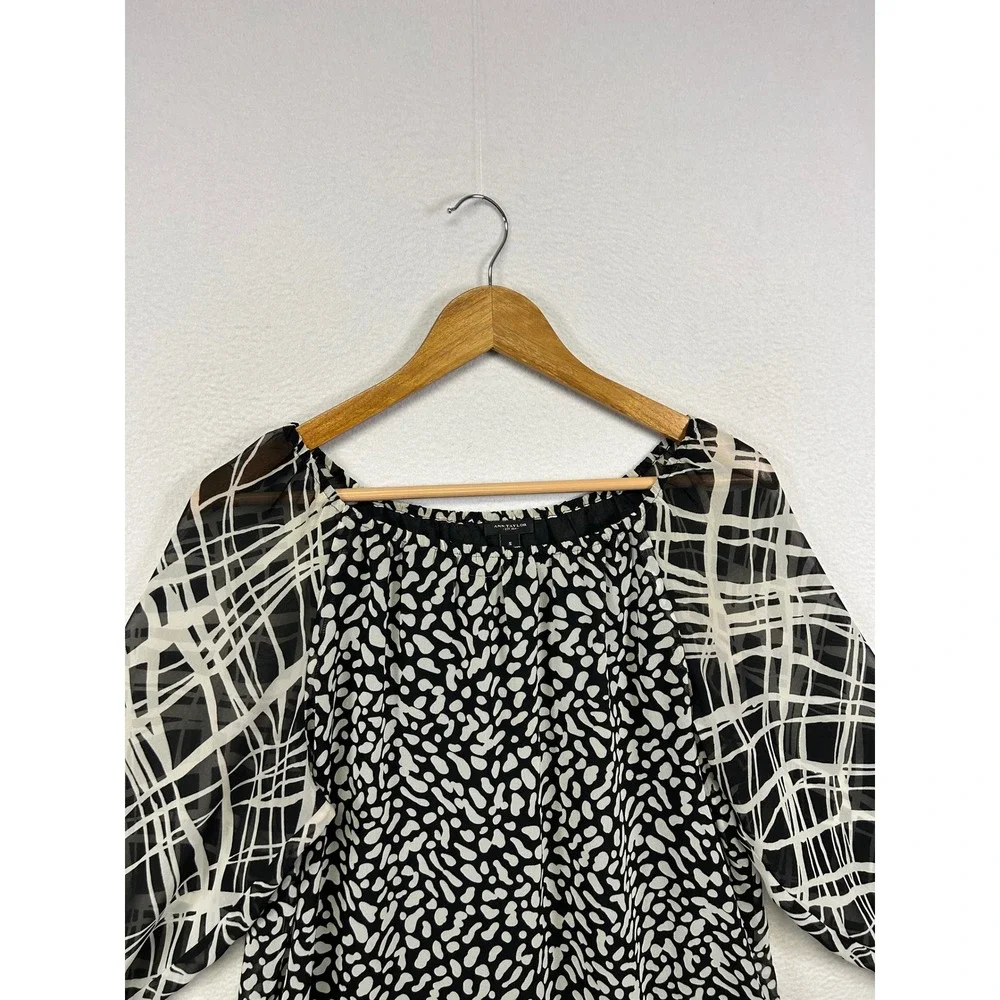 Ann Taylor Mixed Print Abstract Blouse Womens Small Black White 3/4 Sleeve Top